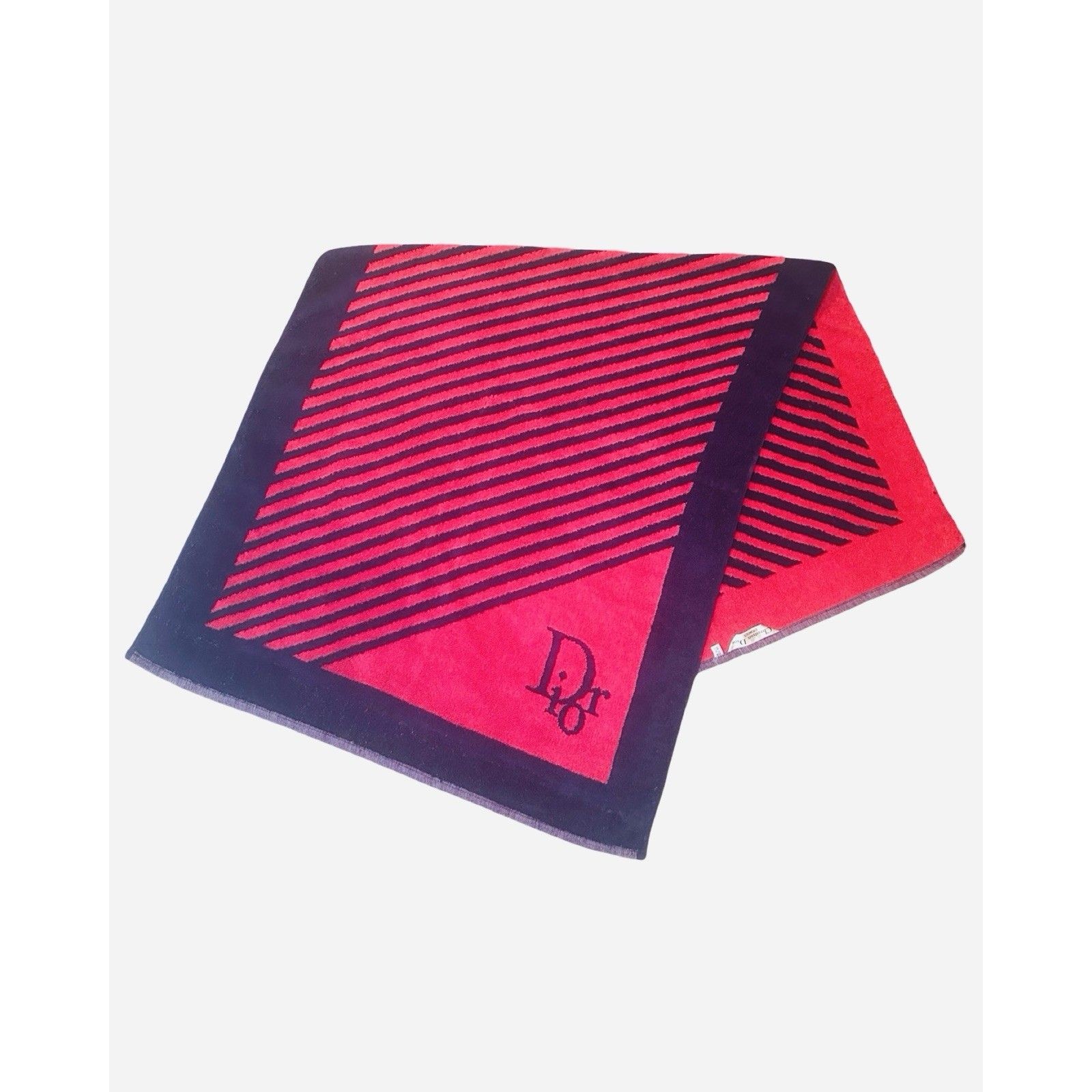 Authentic Vintage Christian Dior Geometric Striped Scarf / Towel Red Navy Blue